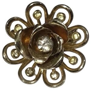Coro Flower Brooch Gold Tone Filigree Faux Prong Bezel Diamond Costume Jewelry